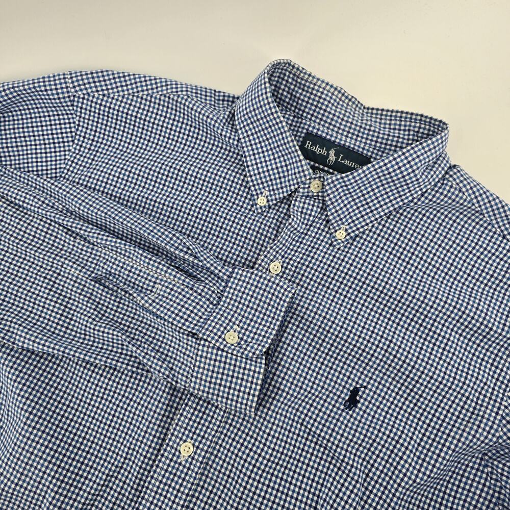 Ralph Lauren Custom Fit Button Down Shirt Mens XL Blue Gingham Check Long Sleeve